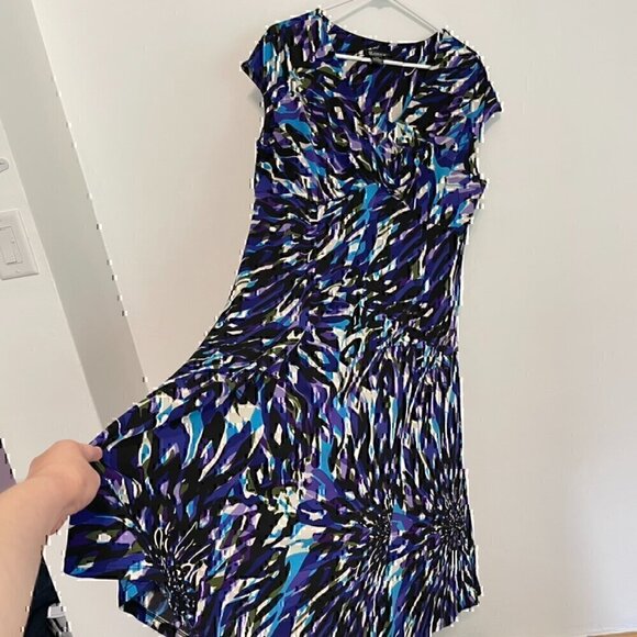 GLAMOUR Plus Size Blue Purple Multi Geometric Surplice Work Midi Fit Flare Dress - Picture 5 of 12